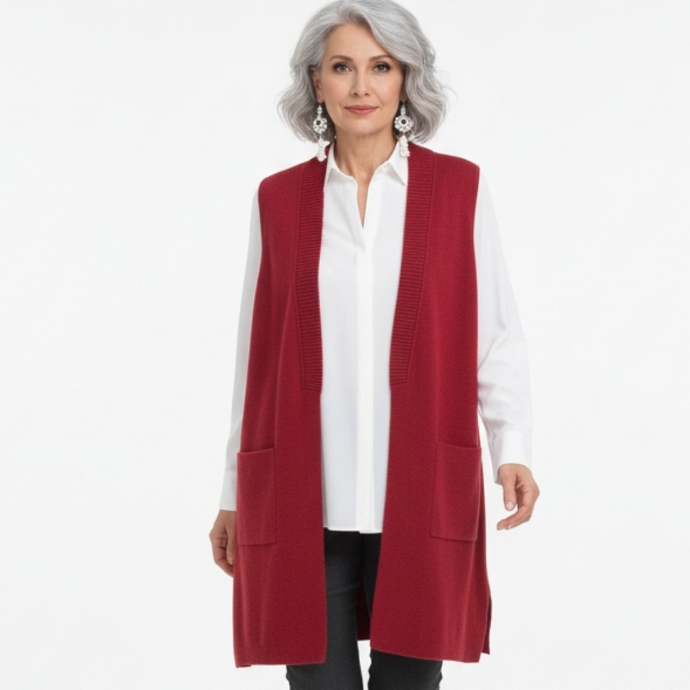 Chico's Rich Red Sleeveless Open Long Line Knit Cardigan Pockets  3 XL (Box8)